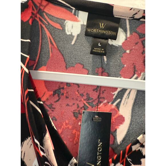 Worthington NWT Women's Size L Large Blouse Floral Print Black Red 3/4 Sleeves - Picture 3 of 6